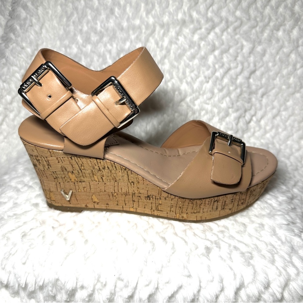 NWOT Victor Alfaro Tan Beige Cork Wedge Sandals Vegan Leather Size 6